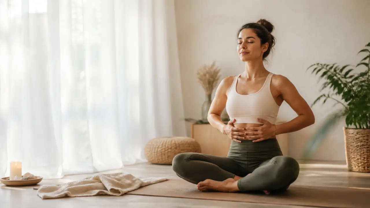 Femme pratiquant une respiration douce dans une lumière naturelle apaisante