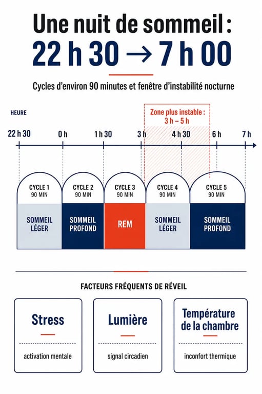Réveil nocturne 3h : infographie des cycles du sommeil et des causes fréquentes en seconde moitié de nuit