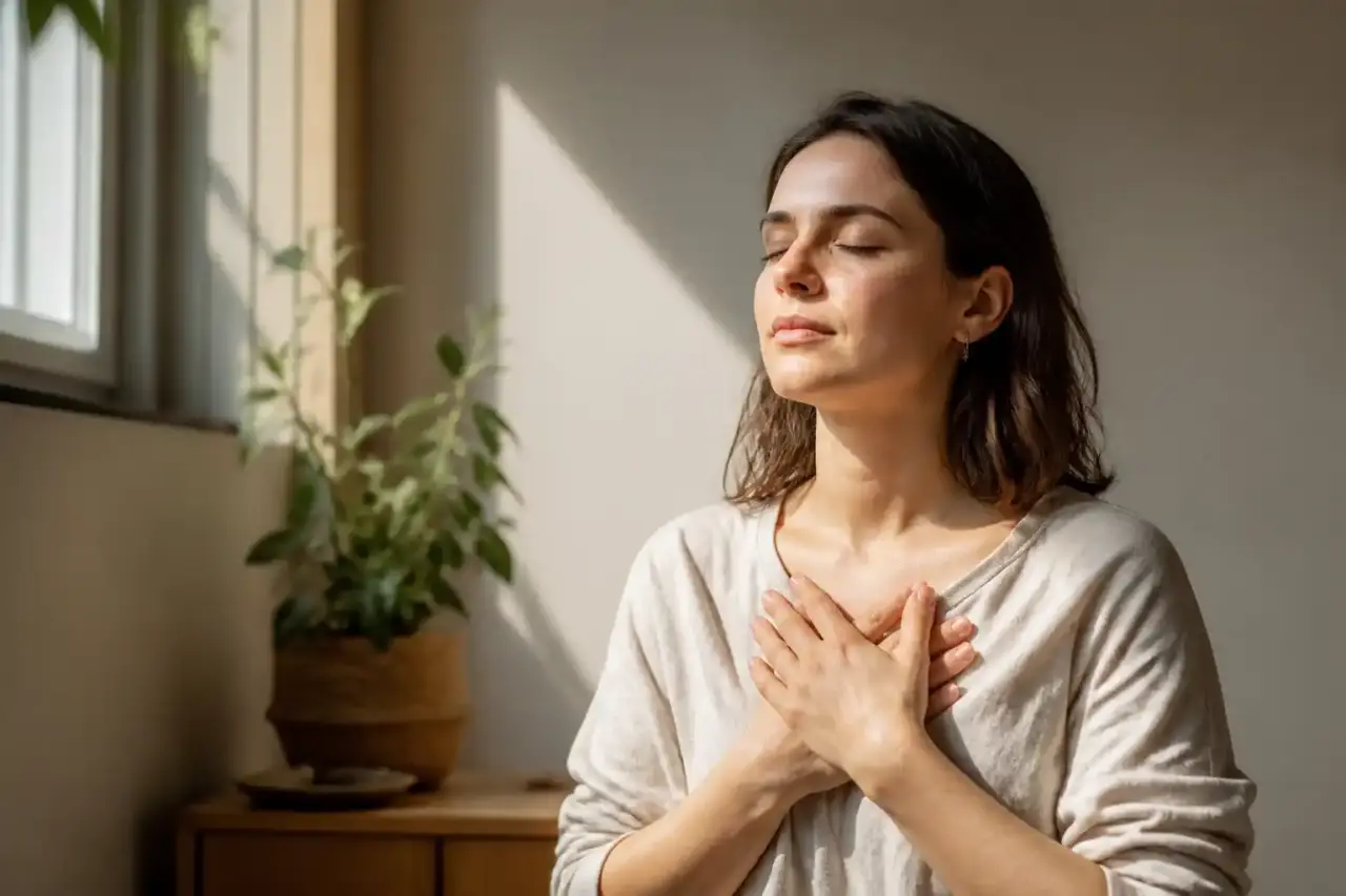 Femme sereine pratiquant des étirements doux dans une lumière naturelle chaleureuse