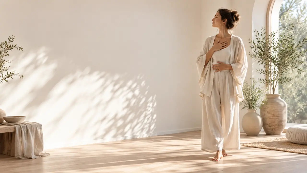 Femme sereine pratiquant des étirements doux dans un espace lumineux et naturel