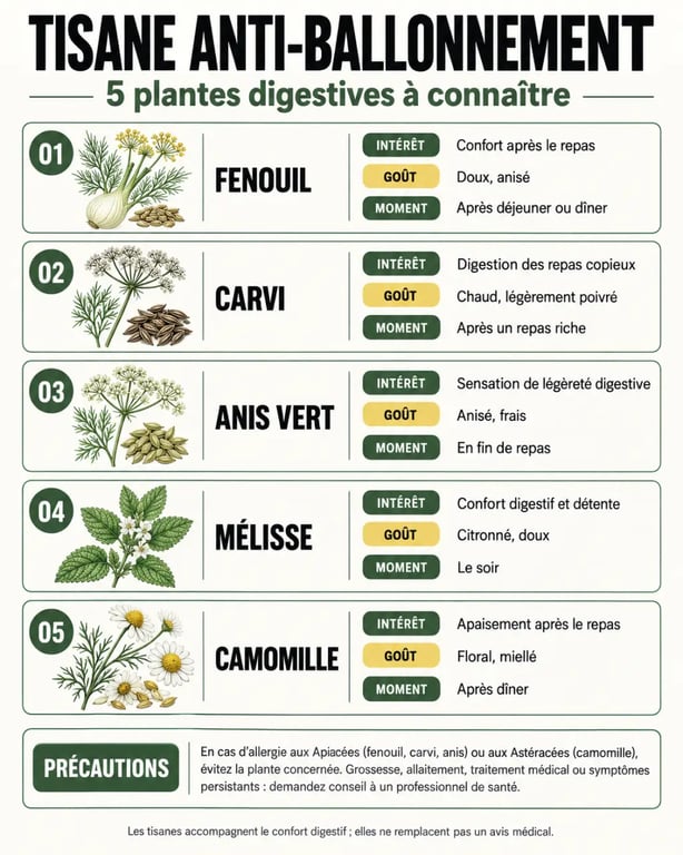 Infographie sur une tisane anti-ballonnement efficace et les plantes digestives à choisir
