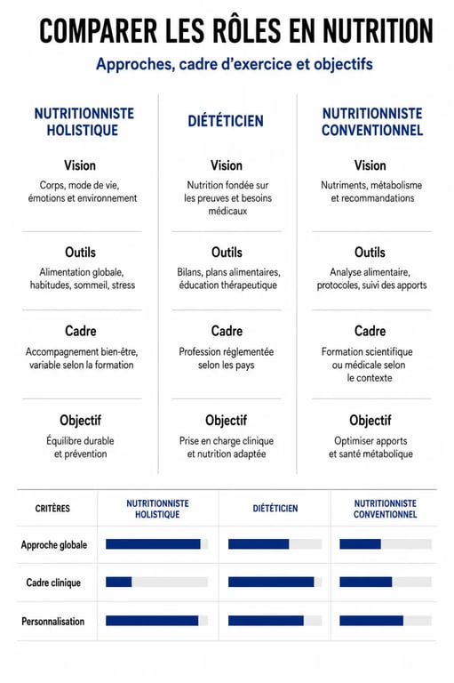 Comparatif des rôles : nutritionniste holistique, diététicien et nutritionniste conventionnel
