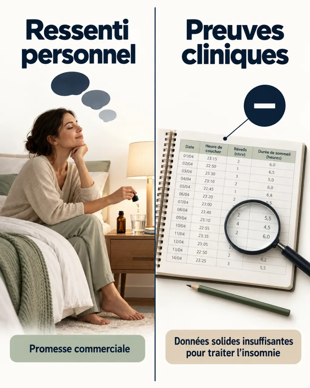 Infographie sur les fleurs de bach sommeil avis distinguant témoignages personnels, promesses commerciales et preuves cliniques
