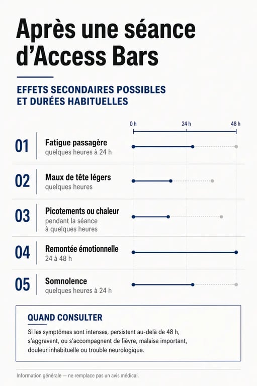 Access bars effets secondaires : infographie des réactions possibles, durée habituelle et signaux d’alerte