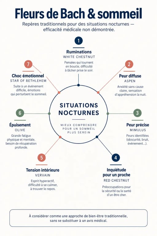 Infographie fleur de Bach sommeil : émotions nocturnes et fleurs traditionnellement associées