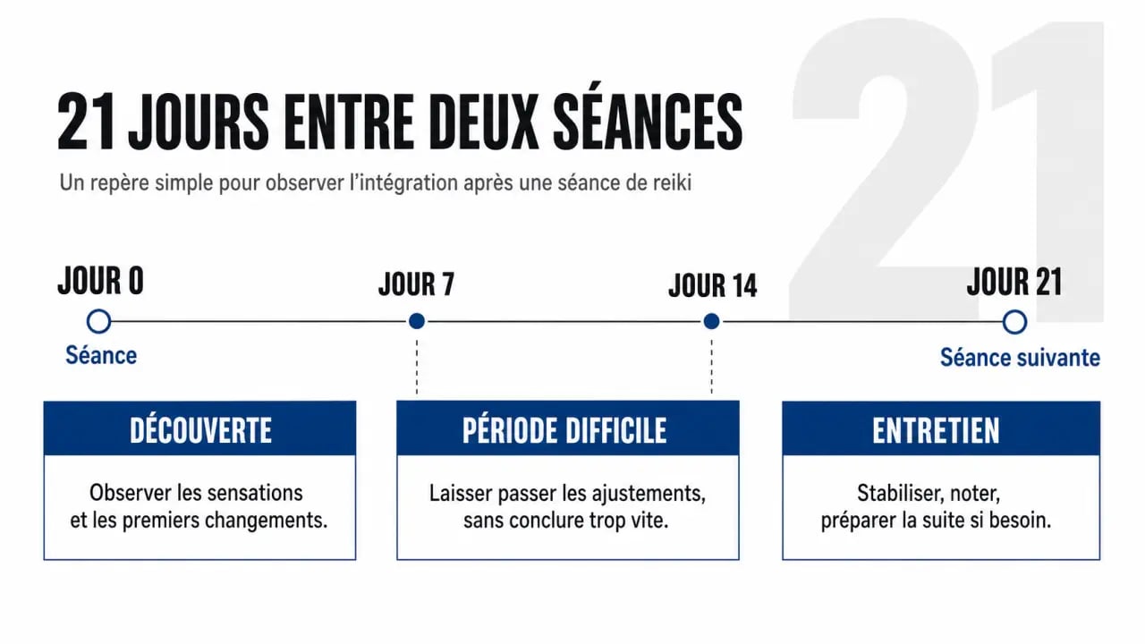 Combien de temps entre deux séances de reiki : repère de 21 jours, exceptions et rythme d’entretien