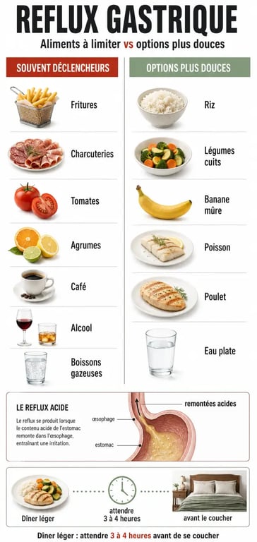Reflux gastrique aliments : infographie des aliments à limiter et des options plus digestes