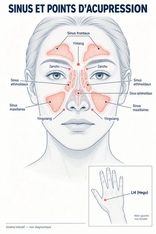 Schéma des sinus et des points d’acupression pour une sinusite