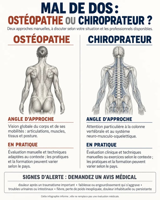 Infographie comparative ostéopathe ou chiropracteur pour un mal de dos