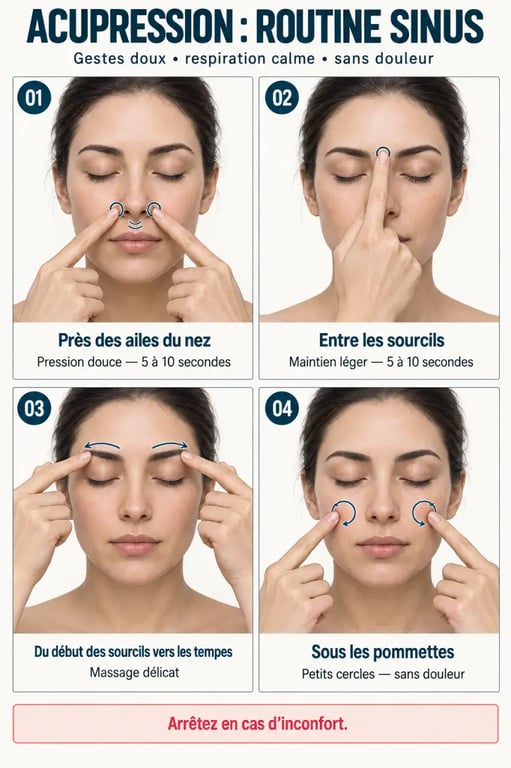 Étapes illustrées d’un massage d’acupression pour soulager une sinusite