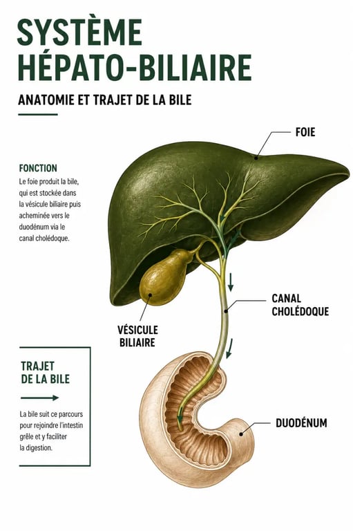 Remede de grand mere vesicule biliaire : schéma du foie, de la vésicule biliaire et du flux de bile