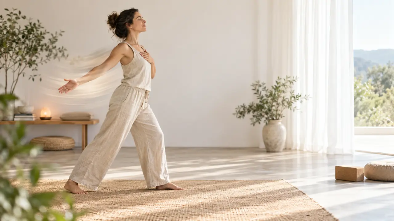 Femme pratiquant une respiration consciente et des mouvements doux dans un espace lumineux