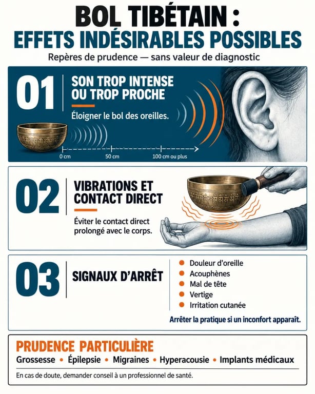 Infographie sur les effets secondaires du bol tibétain, les vibrations, le bruit et les précautions d’usage
