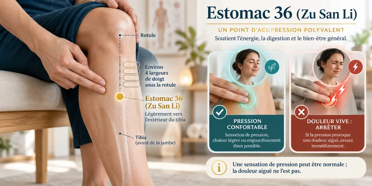 Point 36 Estomac : le repérer sous le genou sans confondre pression et douleur