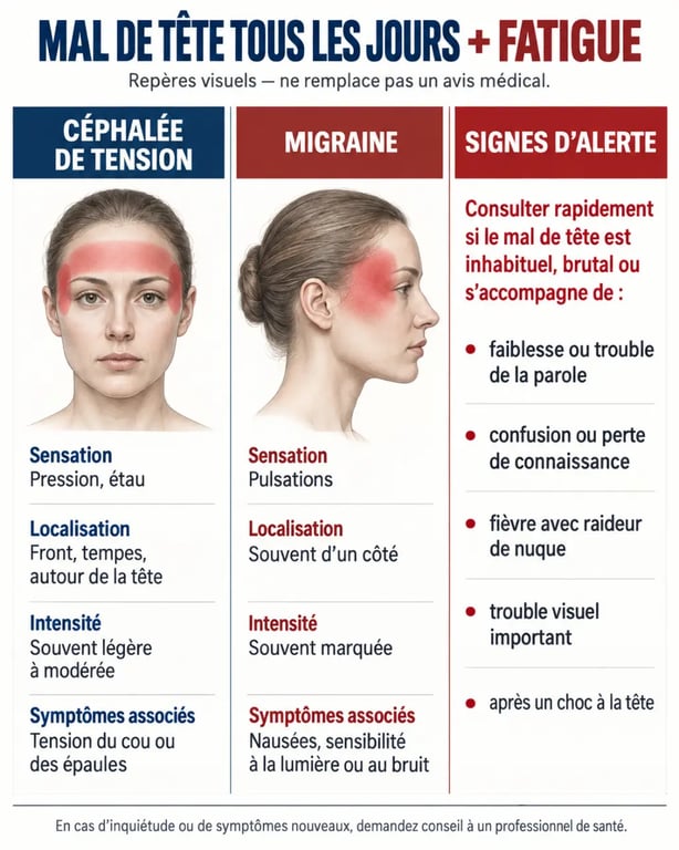 Infographie sur le mal de tête tous les jours et la fatigue : tension, migraine et signes d’alerte