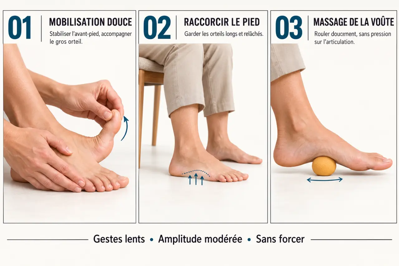 Exercices doux dans le cadre d’un hallux rigidus traitement naturel : mobilisation, renforcement léger et automassage du pied