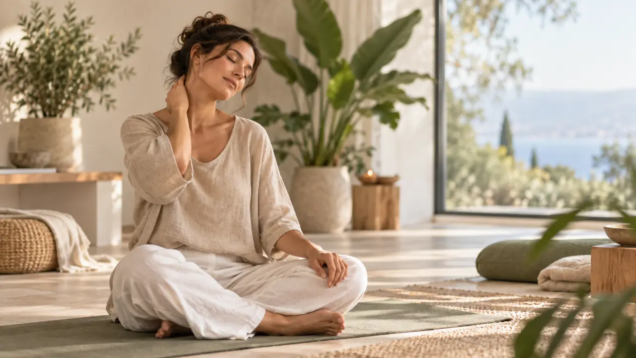 Femme pratiquant un mouvement doux pour relâcher les tensions de la nuque