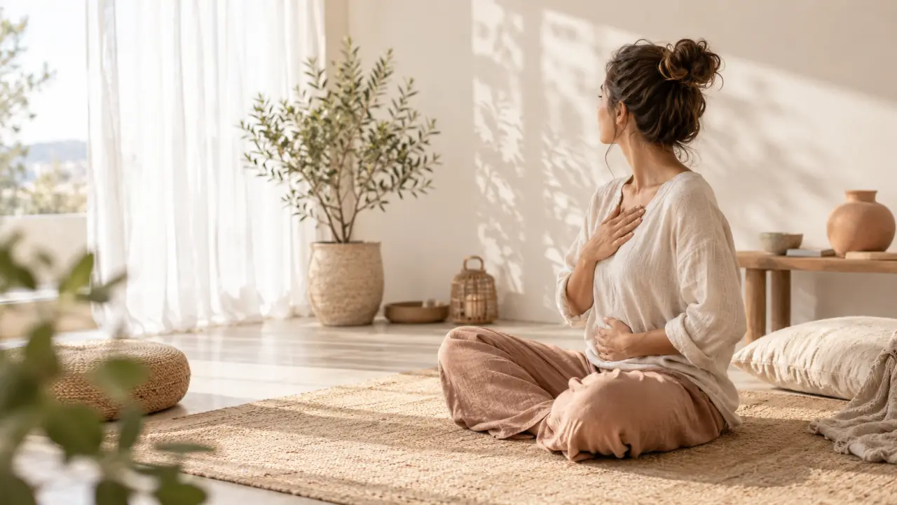 Femme sereine pratiquant des étirements doux dans un espace lumineux et naturel