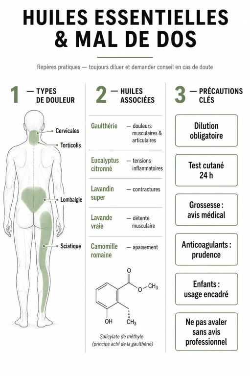 Infographie sur l’huile essentielle mal de dos avec types de douleur, huiles adaptées et précautions d’usage