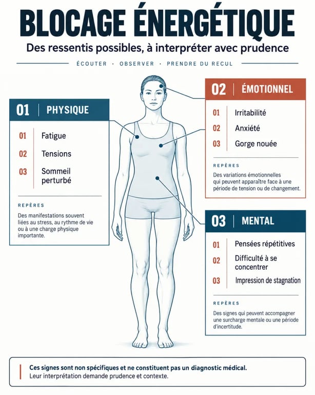 Symptômes d’un blocage énergétique classés entre signes physiques, émotionnels et mentaux
