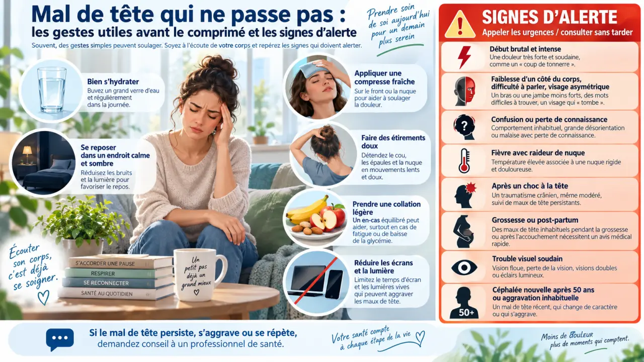 Mal de tête qui ne passe pas : les gestes utiles avant le comprimé et les signes d’alerte