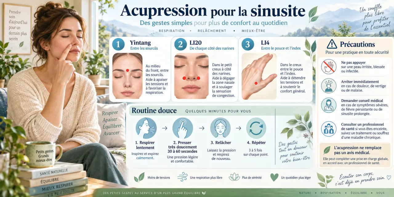 Acupression pour la sinusite : 4 points, une routine douce et les précautions à connaître