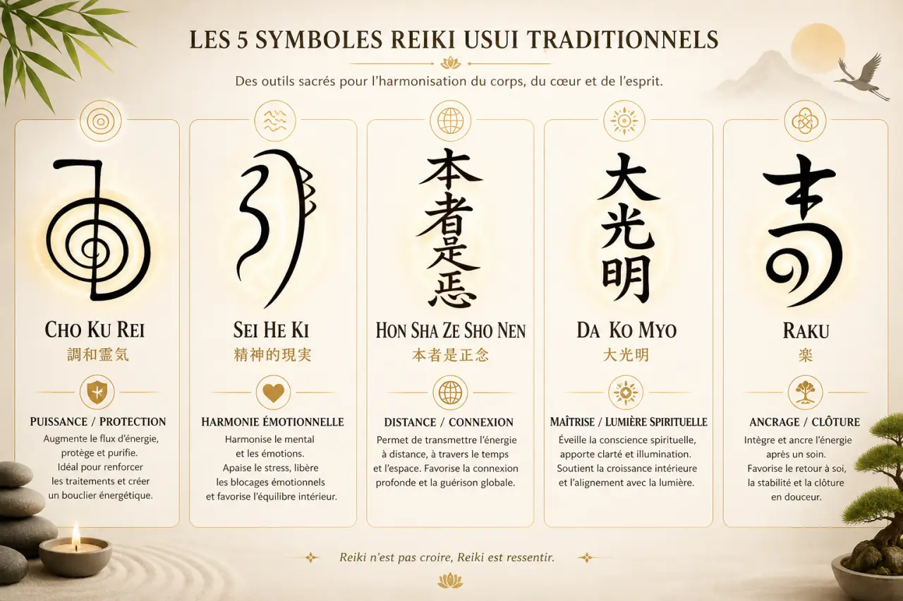 Les 4 symboles Reiki Usui et Raku, sans confusion sur leur usage