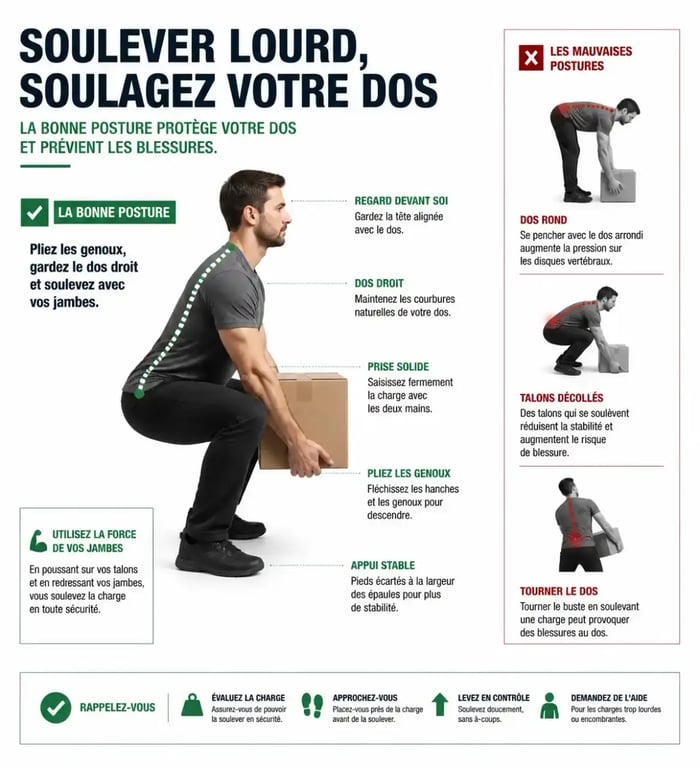Schéma des bonnes postures pour prévenir le mal de dos au quotidien