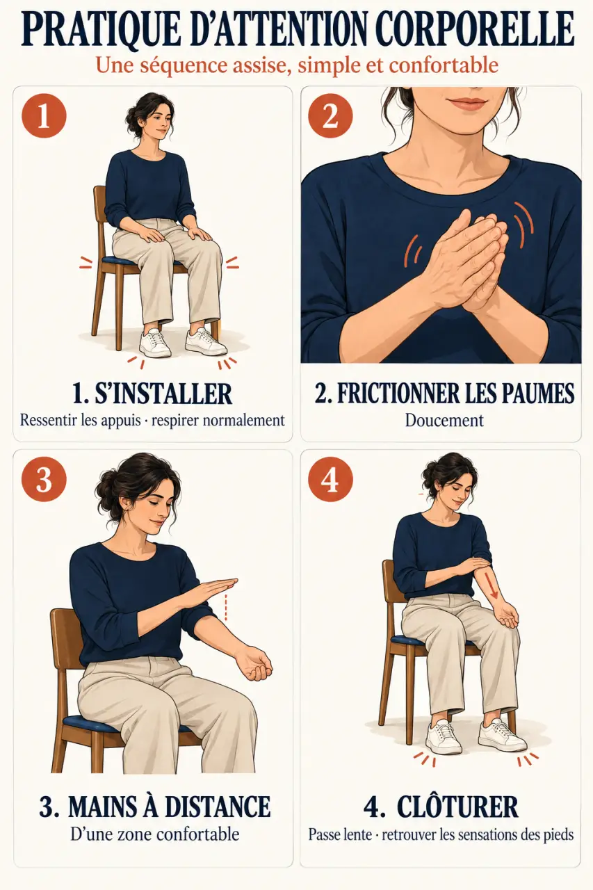 Illustration des étapes du magnétisme sur soi-même, de la respiration aux passes lentes