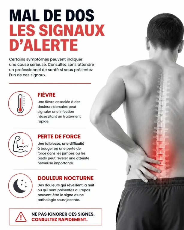 Infographie des signaux d'alerte pour le mal de dos et quand consulter