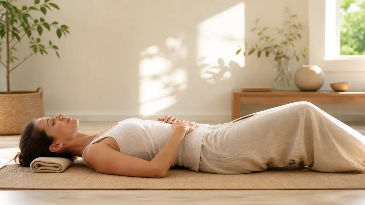 Femme pratiquant une respiration somatique dans un studio lumineux et paisible