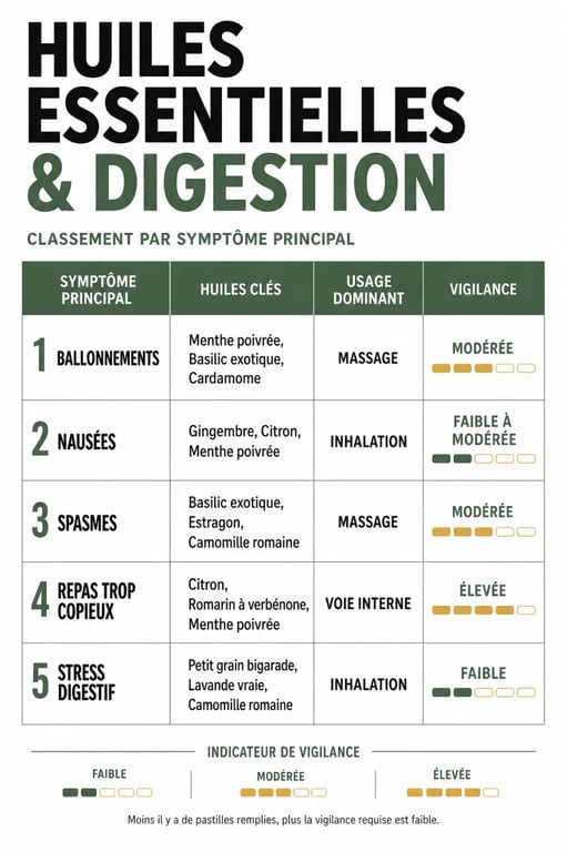 Huiles essentielles digestion : tableau comparatif des usages selon le symptôme