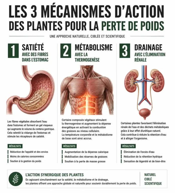 Infographie des mécanismes de la phytothérapie pour perdre du poids : satiété, métabolisme et drainage.