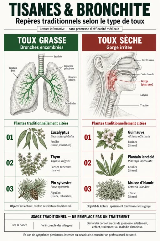 Infographie sur la tisane bronchite, les plantes selon le type de toux et les précautions d’emploi