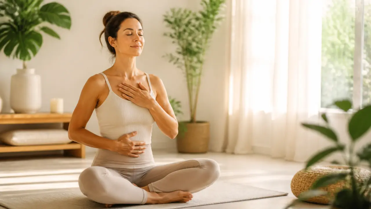 Femme pratiquant des étirements doux dans un studio lumineux, ambiance sereine et holistique