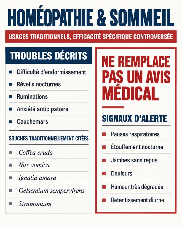Infographie sur l’homéopathie sommeil, les symptômes associés et les signaux d’alerte