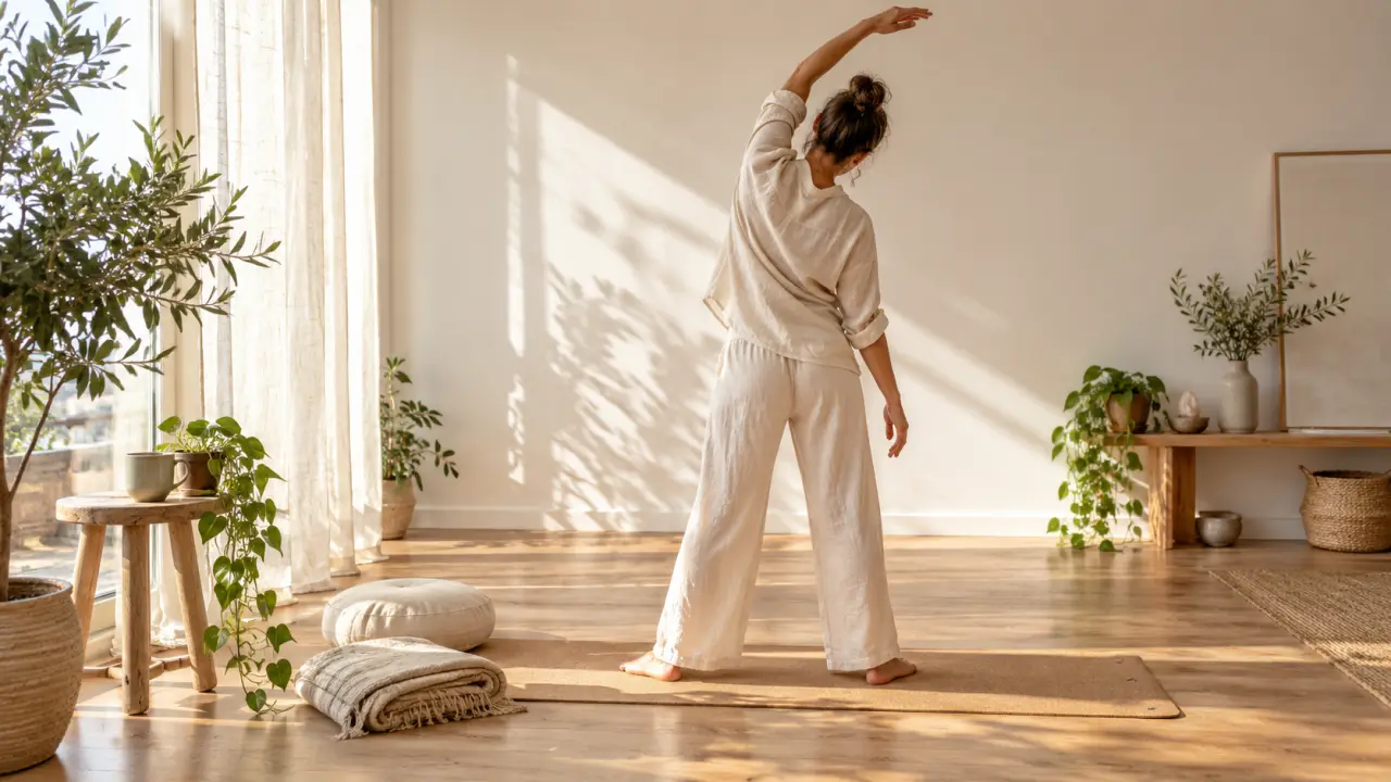 Femme pratiquant des mouvements doux dans un espace lumineux et chaleureux