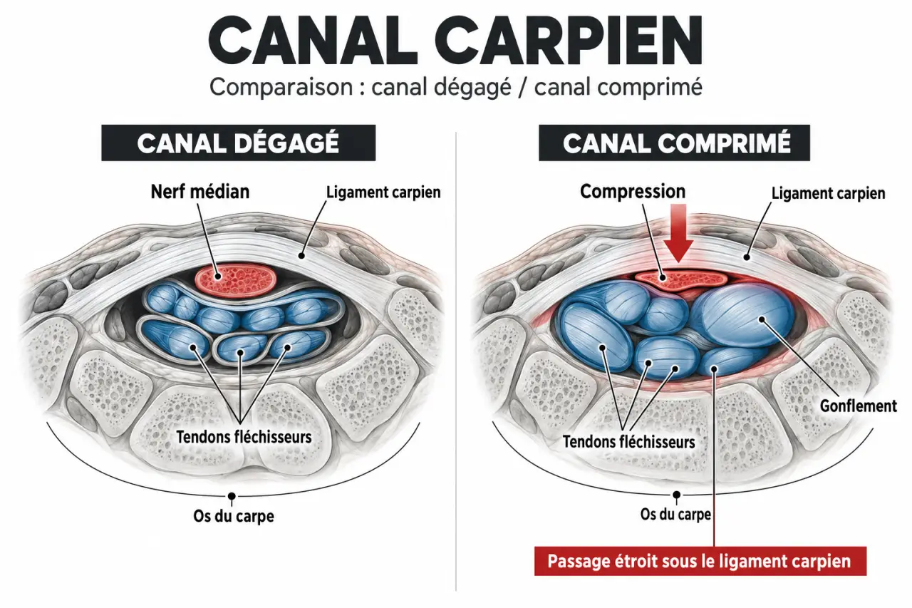 Schéma du canal carpien et du nerf médian pour comprendre les huiles essentielles pour canal carpien