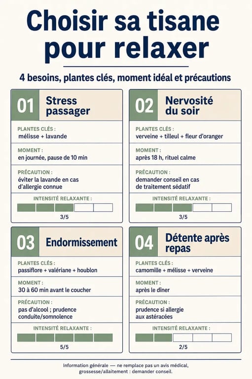 Infographie tisane pour relaxer : plantes à choisir selon stress, sommeil et détente