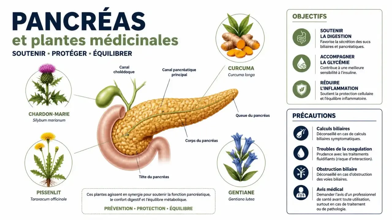 Tisane pour nettoyer le pancréas : illustration éditoriale des plantes, des objectifs et des précautions