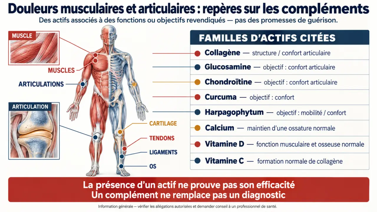 Complément alimentaire douleur musculaire et articulaire : rôle des actifs et distinction entre muscles, articulations, cartilage et os