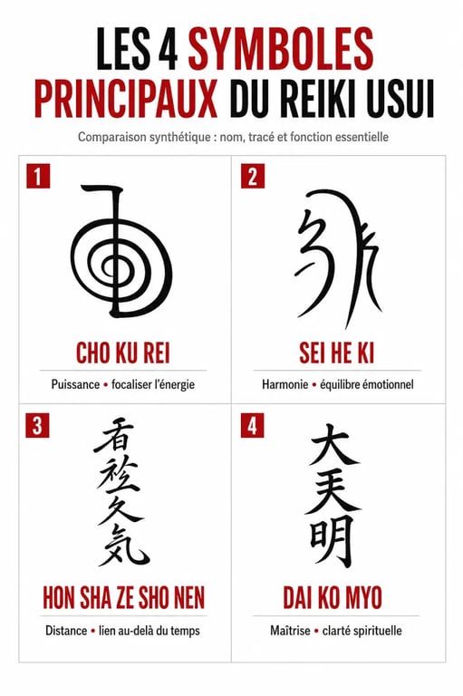 Reiki symbole : comparaison visuelle des quatre symboles Reiki Usui et de leurs fonctions