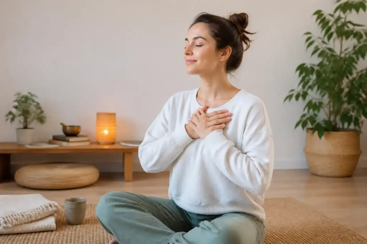 Femme pratiquant des étirements doux dans une lumière naturelle chaleureuse