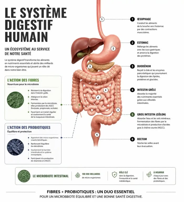 Infographie sur les bienfaits des fibres et probiotiques pour l'hydrothérapie du côlon et la santé digestive