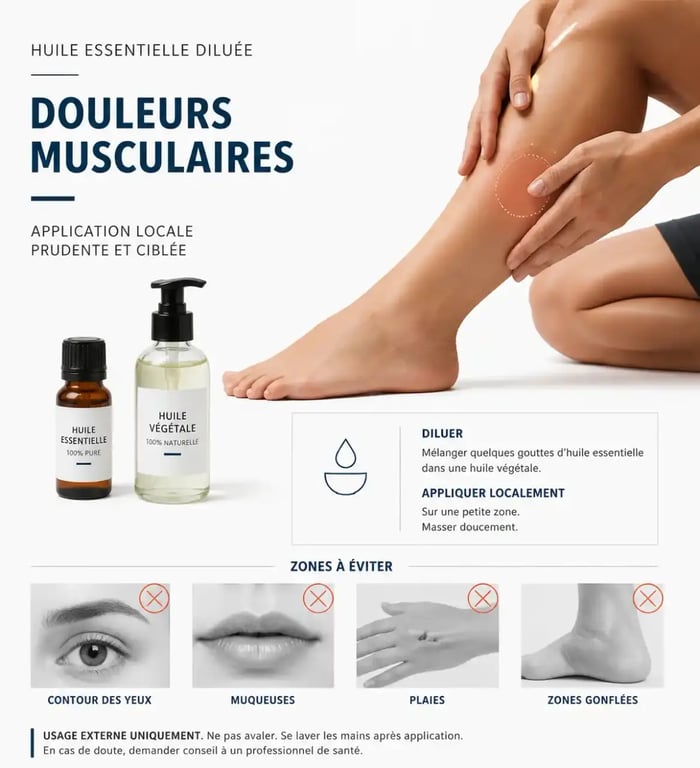 Douleurs musculaires huile essentielle : dilution et massage local avec précautions d'application