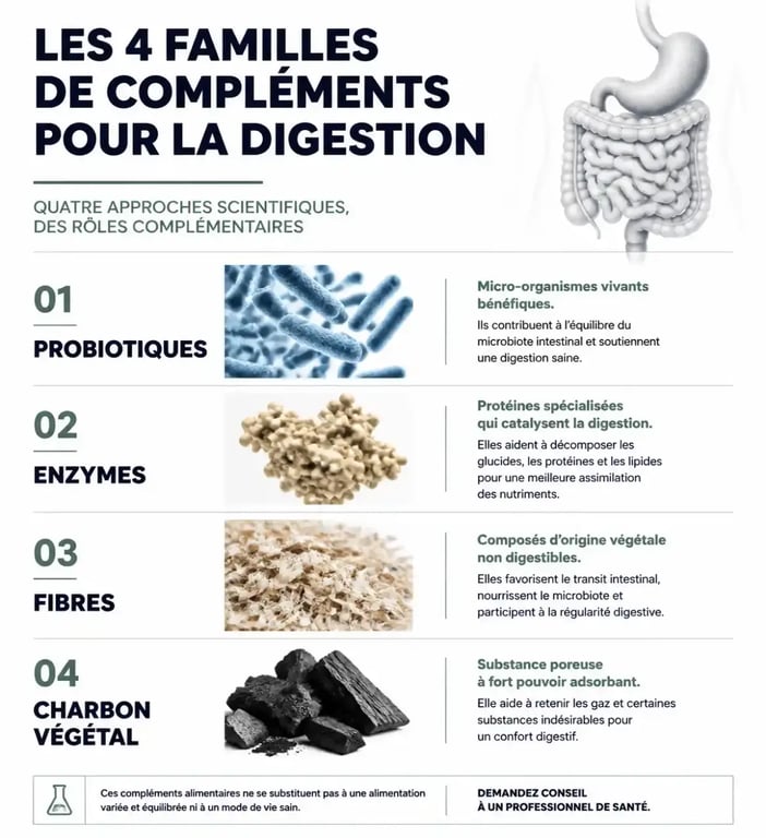 Infographie sur les compléments alimentaires pour la digestion et leurs bienfaits