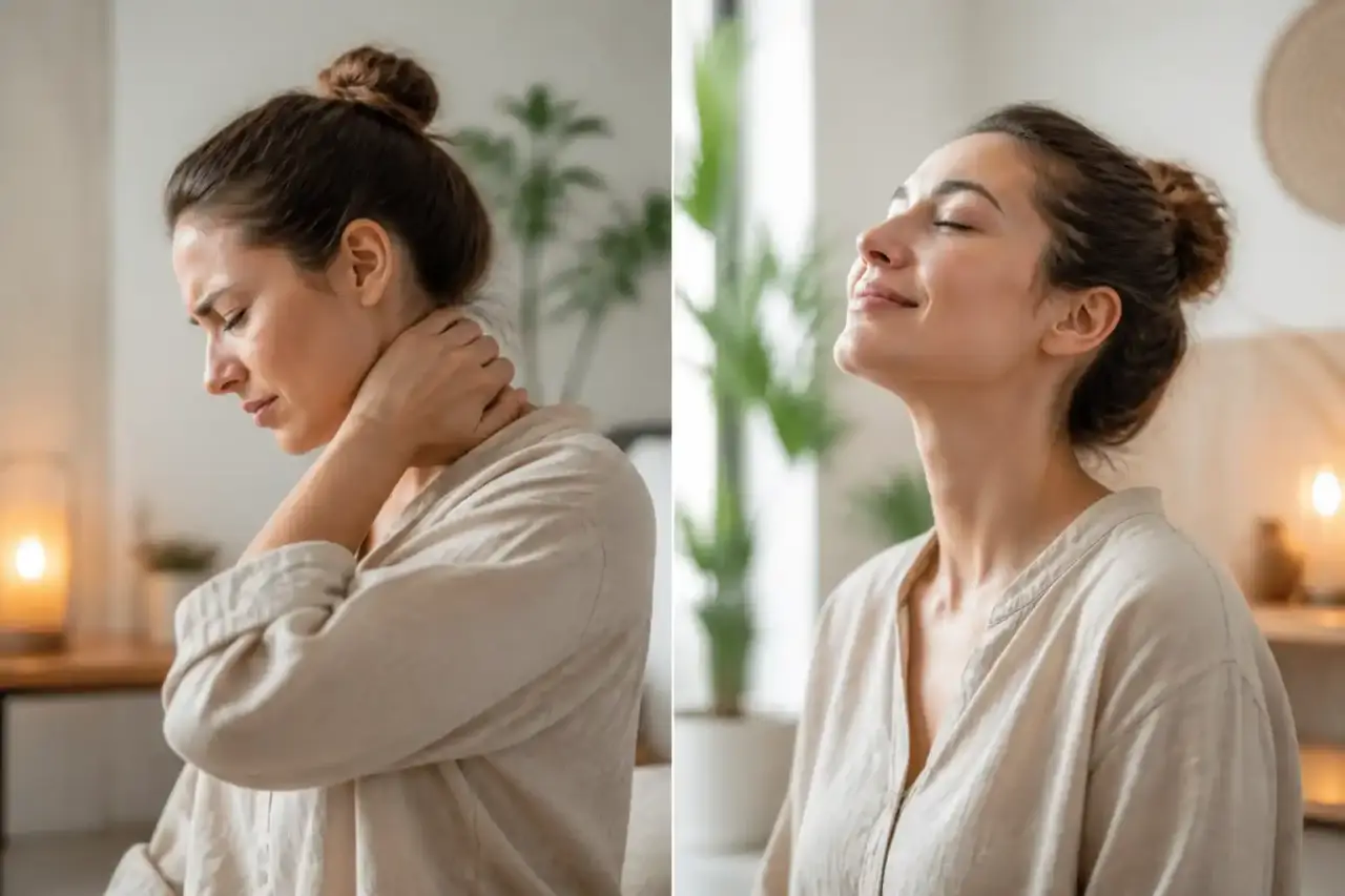 Femme sereine pratiquant des étirements doux dans un studio baigné de lumière naturelle dorée