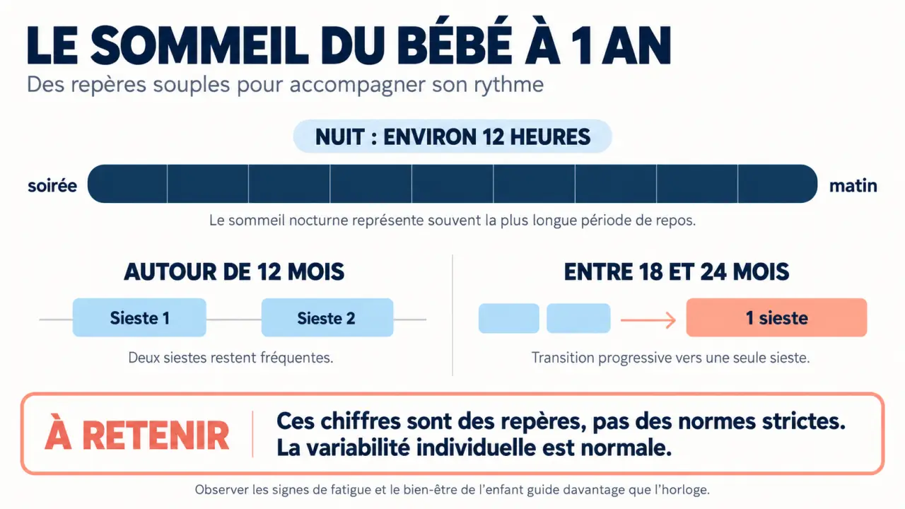 Infographie sur le sommeil bébé 1 an avec sommeil nocturne, deux siestes et transition progressive vers une sieste