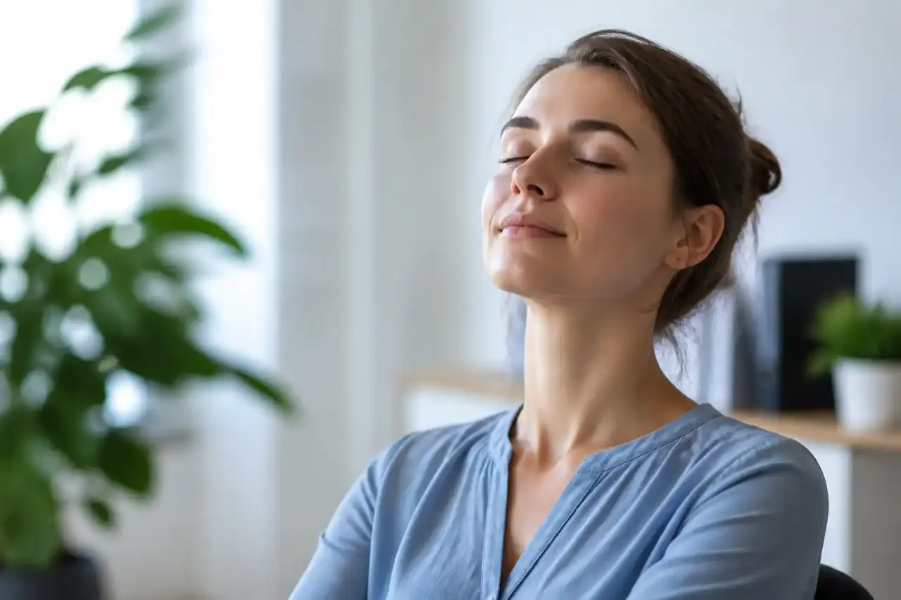 Femme sereine en étirements doux dans une lumière naturelle dorée, ambiance paisible et holistique