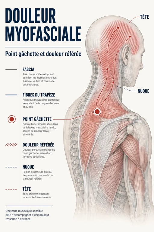 Schéma de l’ostéopathie myofasciale montrant les fascias, les trigger points et la douleur référée